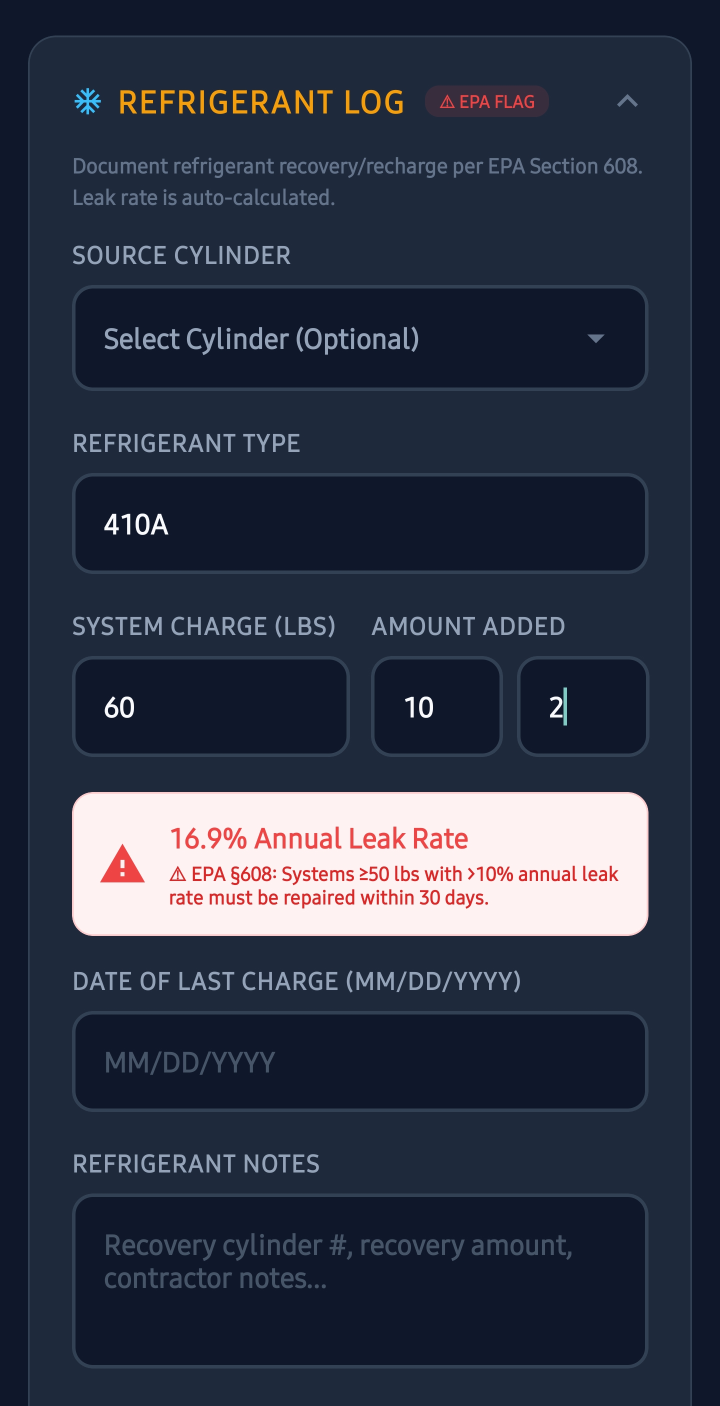 The refrigerant log showing a 16.9% annual leak rate flagged in red