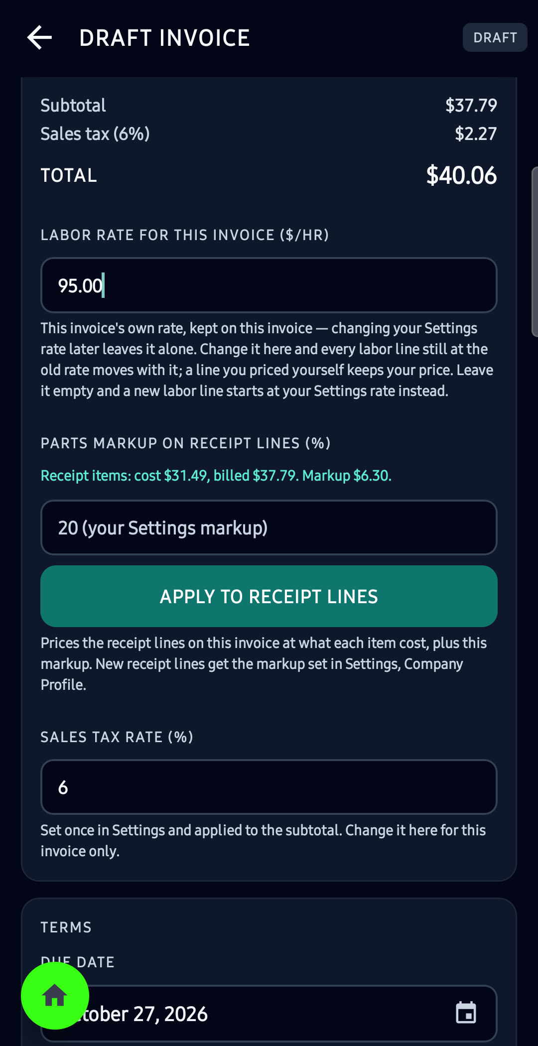 A draft invoice with the labor rate and the parts markup applied to receipt lines