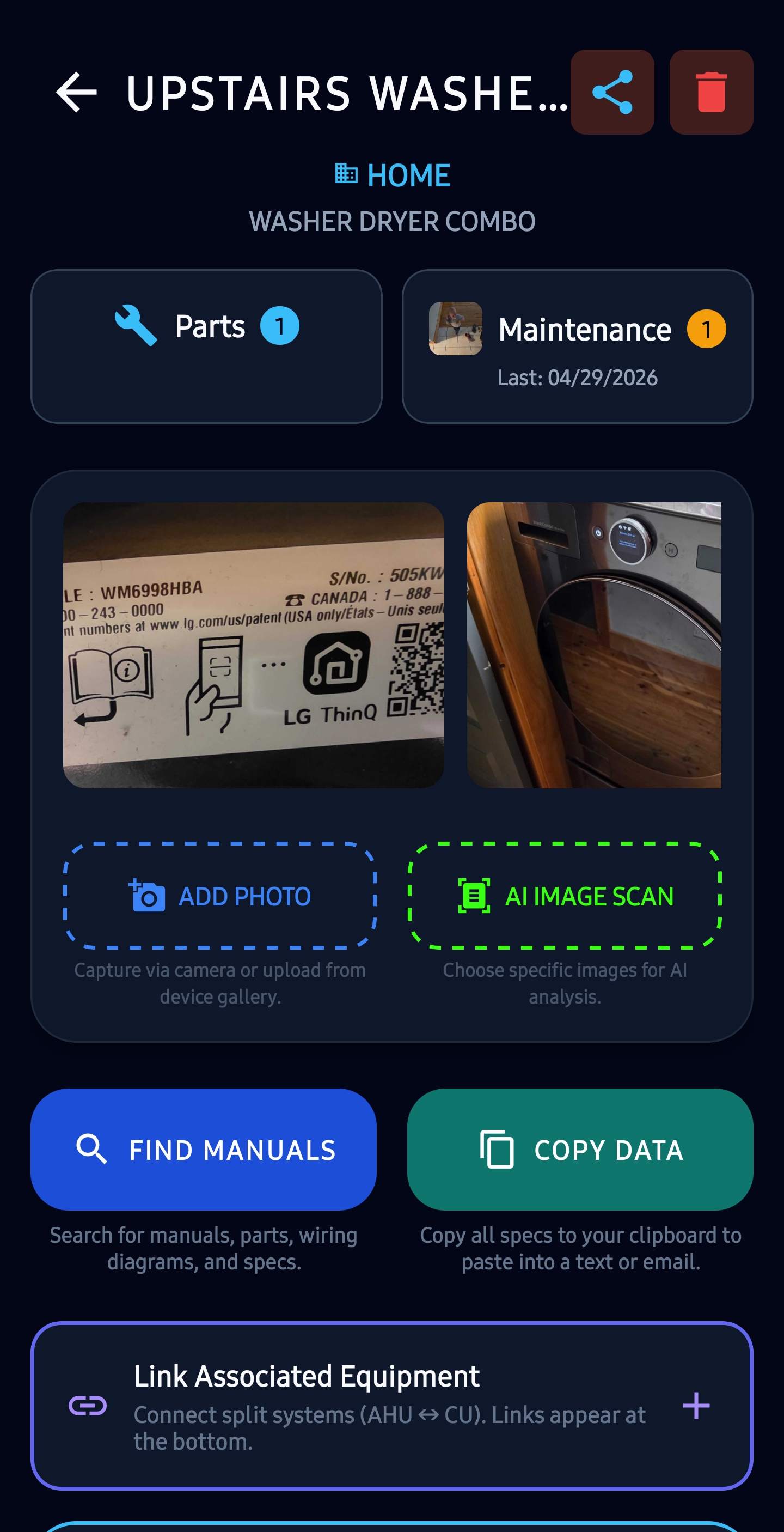 Home appliance tracking in the app