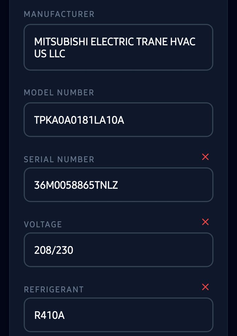 Nameplate scan result in the app with the extracted specs filled in: manufacturer Mitsubishi Electric Trane HVAC US LLC, model TPKA0A0181LA10A, serial 36M0058865TNLZ, voltage 208/230, refrigerant R410A