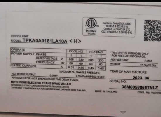 A photo of the nameplate on a mini-split indoor unit