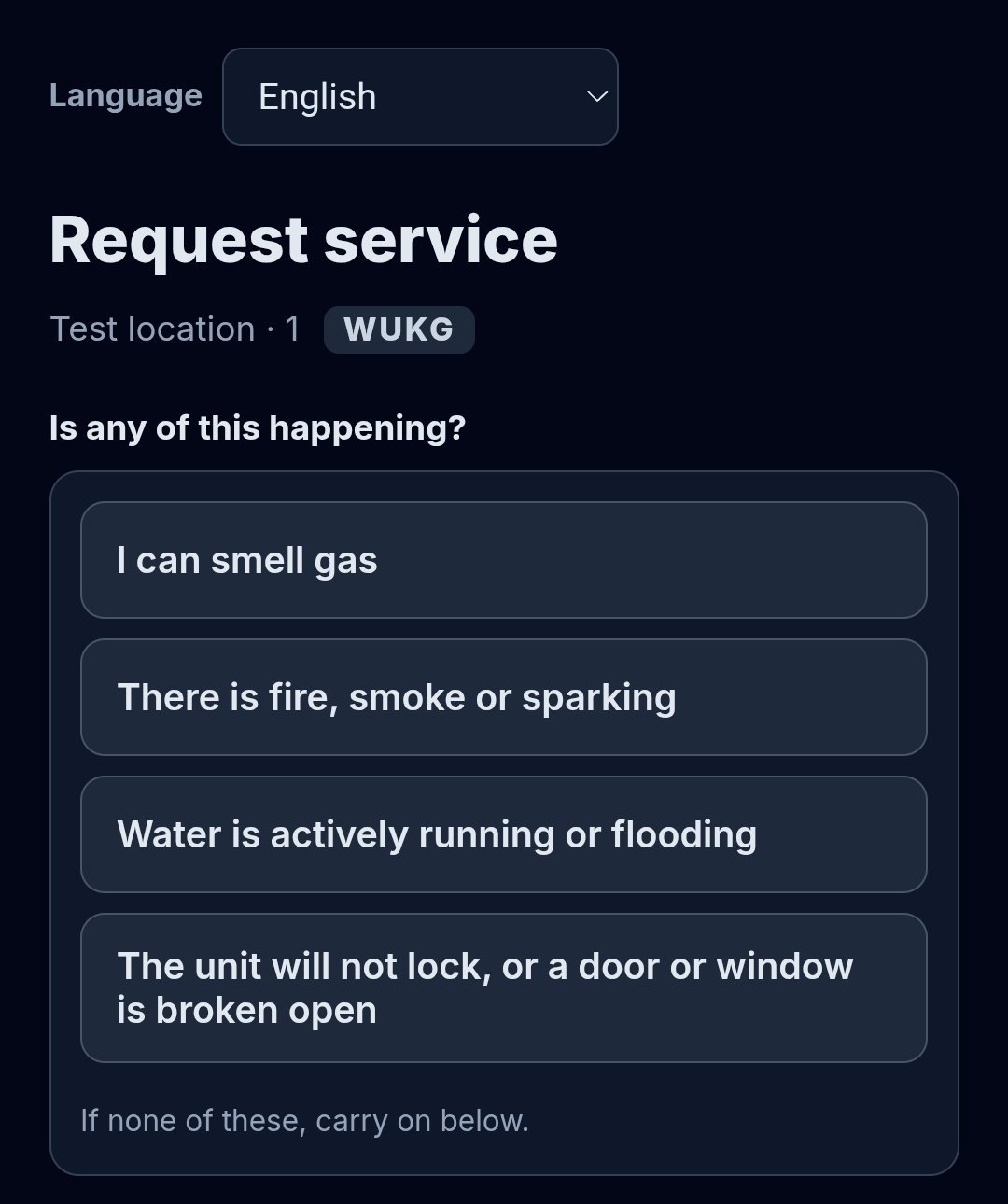 The Request service page a tenant sees after scanning, asking first whether they can smell gas, whether there is fire, smoke or sparking, whether water is running or flooding, and whether the unit will not lock, before the form