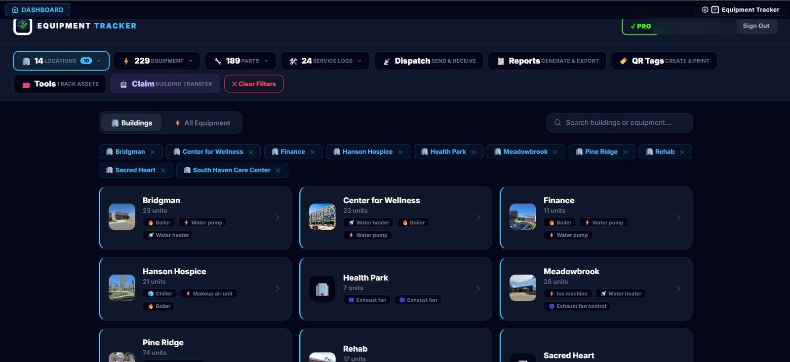 The Equipment Tracker Pro web dashboard showing a populated registry: 14 locations, 229 pieces of equipment, 189 parts and 24 service logs, with building cards for Bridgman, Center for Wellness, Finance, Hanson Hospice, Health Park and Meadowbrook listing unit counts and equipment types including boilers, chillers, water heaters and exhaust fans